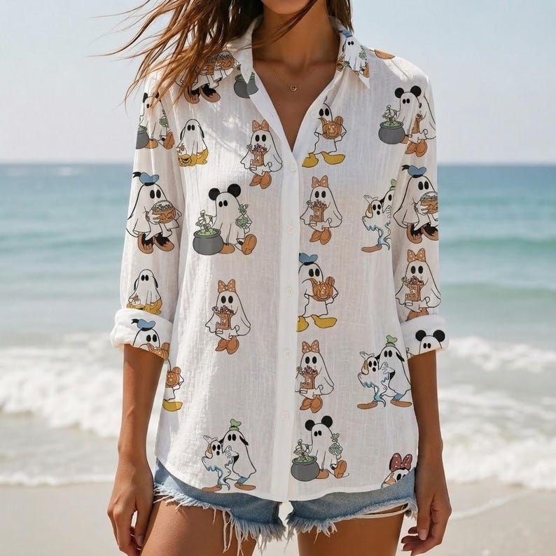 Disney Halloween Ghost Blouse, Mickey Minnie Donald Goofy Pumpkin Shirt, Women's Spooky Cute Button Up Vacation Top, Disney Spooky Shirt