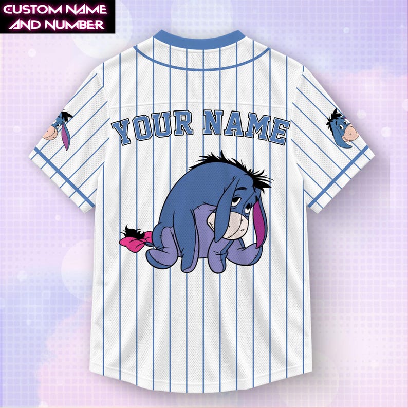 Custom Eeyore Football Jersey, Personalized Sad Donkey Name Shirt, Eeyore V-Neck Pinstripe Fan Top, Eeyore Matching Family Vacation Outfits