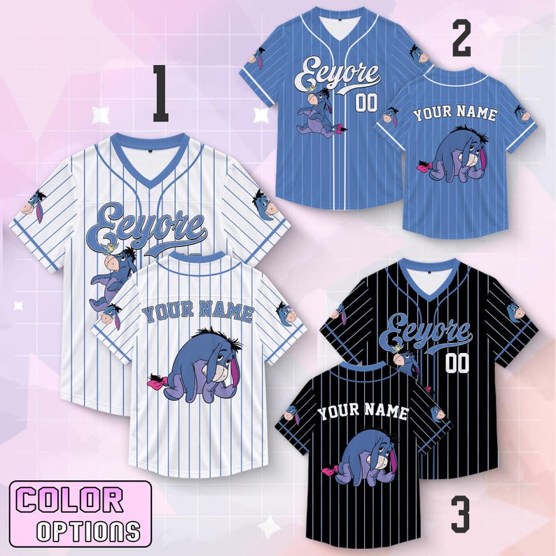Custom Eeyore Football Jersey, Personalized Sad Donkey Name Shirt, Eeyore V-Neck Pinstripe Fan Top, Eeyore Matching Family Vacation Outfits