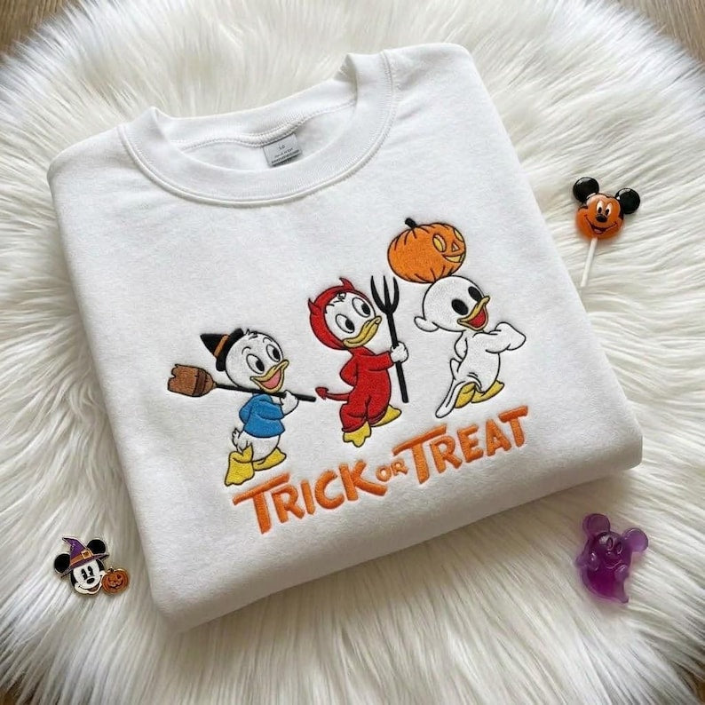 Embroidered Huey Dewey Louie Sweatshirt, Donald Duck Nephews Halloween Comfort Colors T-Shirt, Disney Trick or Treat Spooky Season Tee
