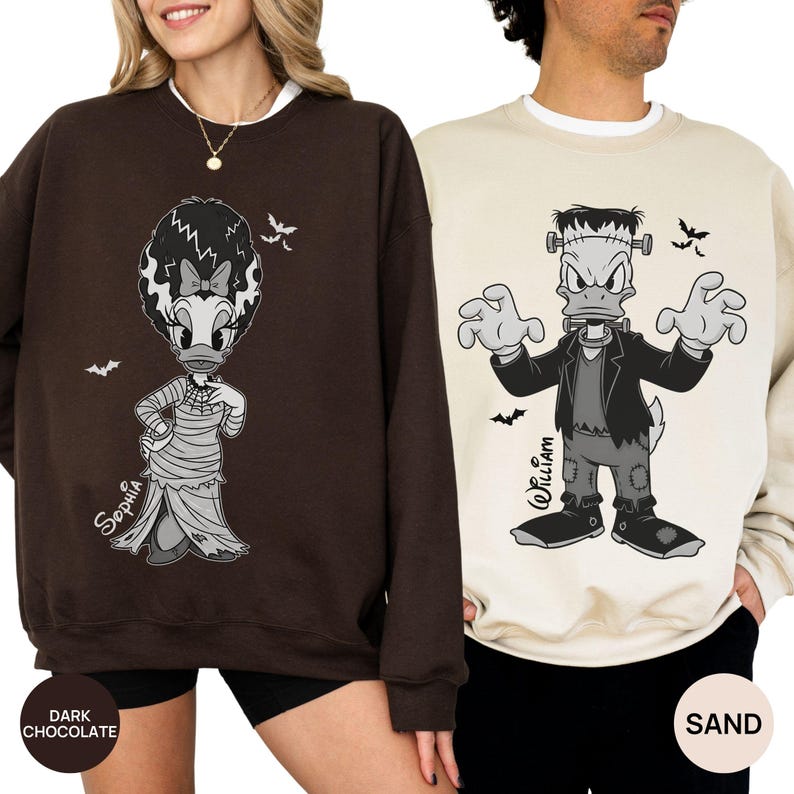 Daisy Duck Bride of Donald Duck Frankenstein Couple Matching Custom Sweatshirt, Halloween Disney Trip Crewneck, Disney Spooky Couple Shirt