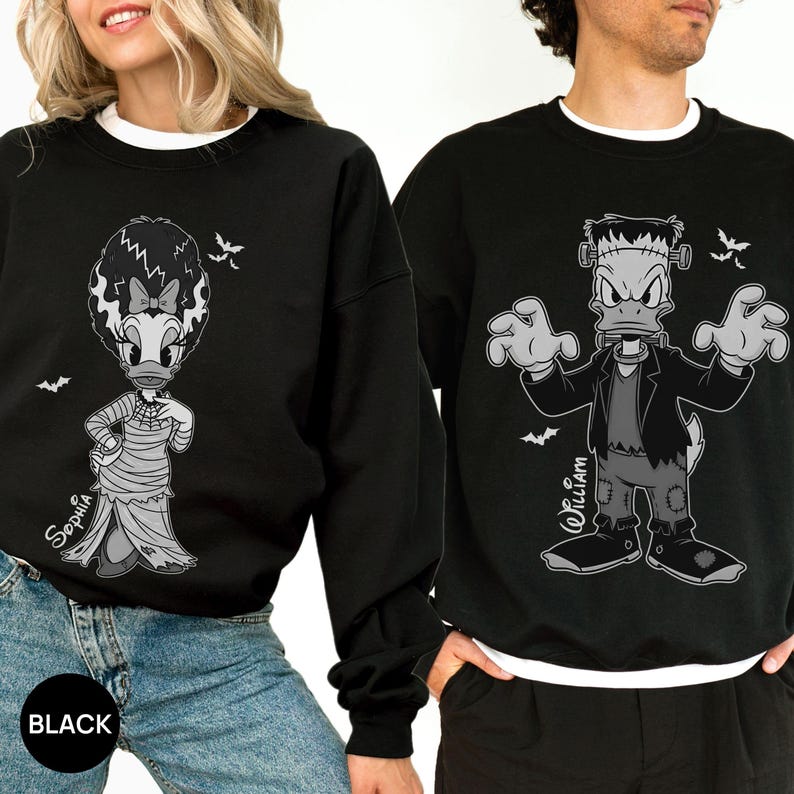 Daisy Duck Bride of Donald Duck Frankenstein Couple Matching Custom Sweatshirt, Halloween Disney Trip Crewneck, Disney Spooky Couple Shirt