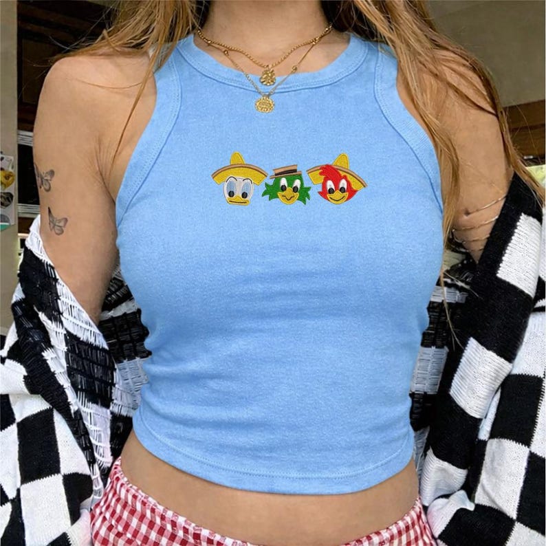 Three Caballeros Embroidered Ribbed Tank Top, Donald Duck Disney Crop Tank, Gift for Her