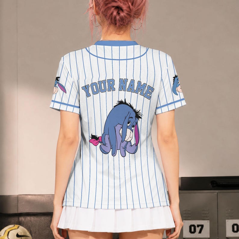 Custom Eeyore Football Jersey, Personalized Sad Donkey Name Shirt, Eeyore V-Neck Pinstripe Fan Top, Eeyore Matching Family Vacation Outfits
