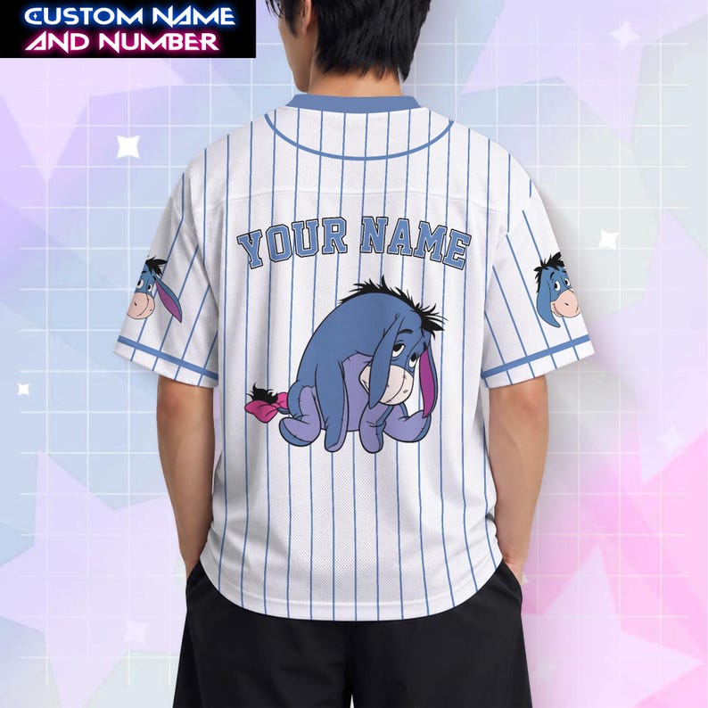 Custom Eeyore Football Jersey, Personalized Sad Donkey Name Shirt, Eeyore V-Neck Pinstripe Fan Top, Eeyore Matching Family Vacation Outfits