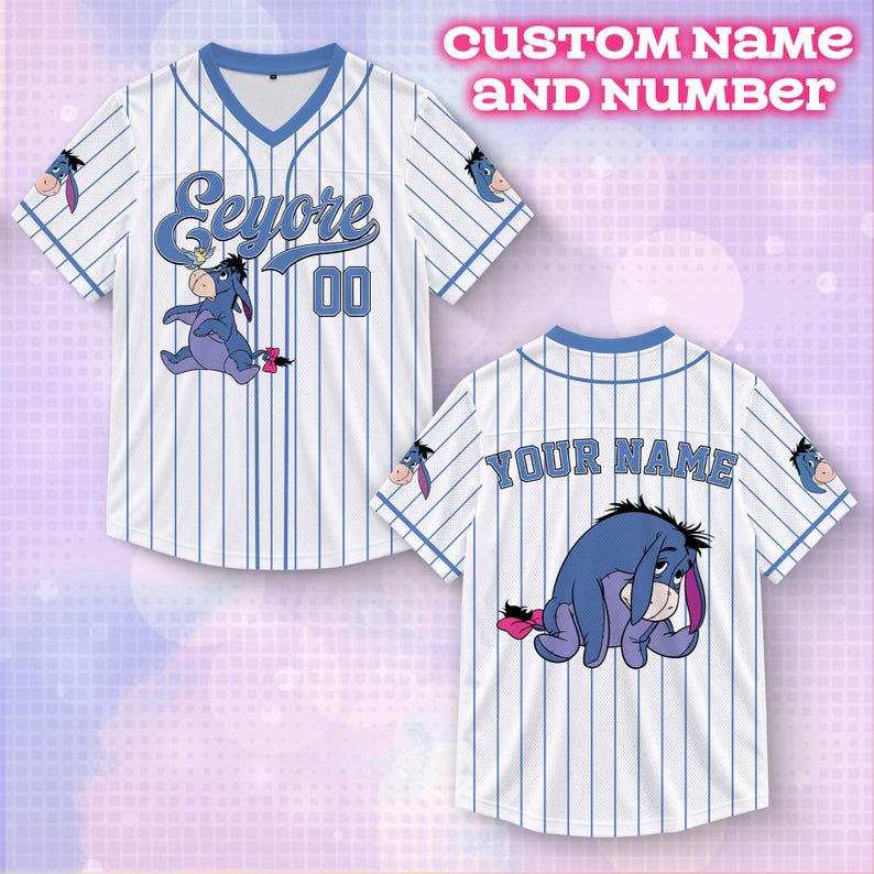 Custom Eeyore Football Jersey, Personalized Sad Donkey Name Shirt, Eeyore V-Neck Pinstripe Fan Top, Eeyore Matching Family Vacation Outfits