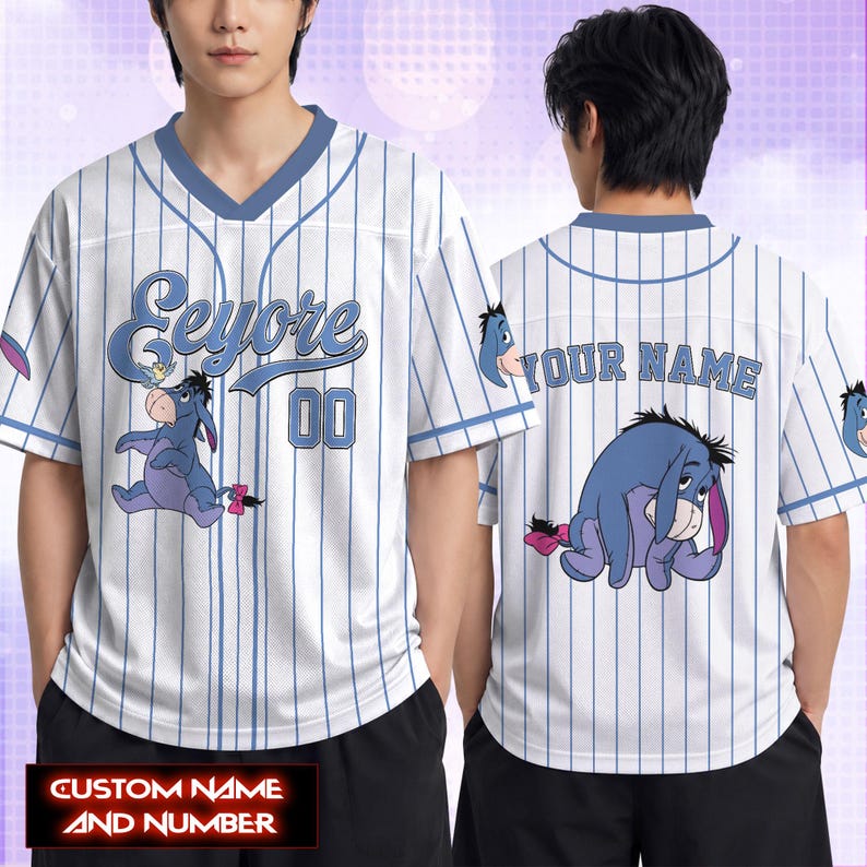 Custom Eeyore Football Jersey, Personalized Sad Donkey Name Shirt, Eeyore V-Neck Pinstripe Fan Top, Eeyore Matching Family Vacation Outfits