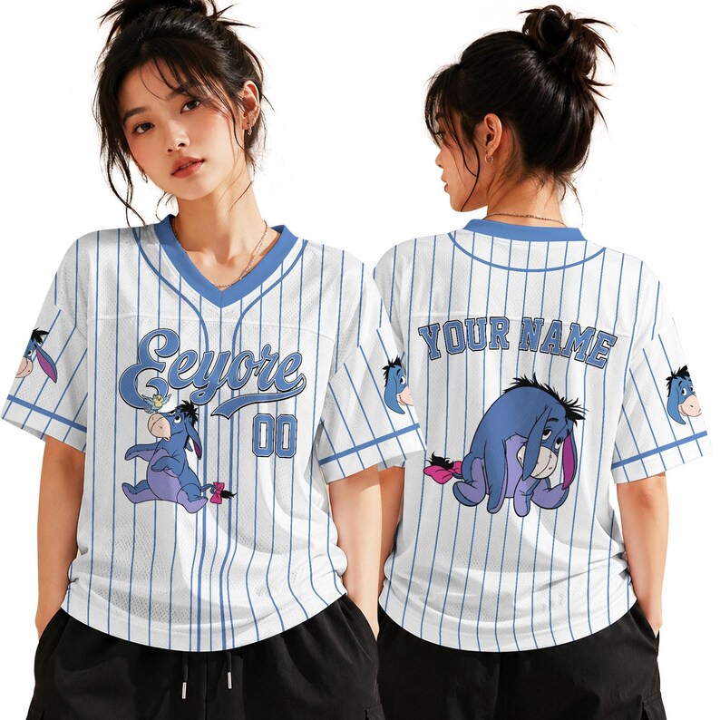 Custom Eeyore Football Jersey, Personalized Sad Donkey Name Shirt, Eeyore V-Neck Pinstripe Fan Top, Eeyore Matching Family Vacation Outfits