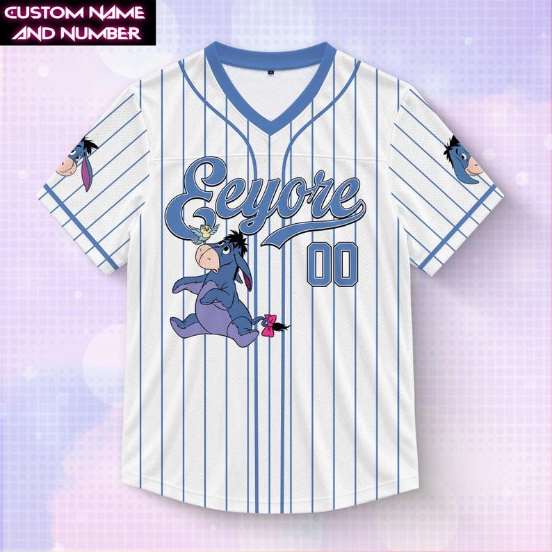 Custom Eeyore Football Jersey, Personalized Sad Donkey Name Shirt, Eeyore V-Neck Pinstripe Fan Top, Eeyore Matching Family Vacation Outfits