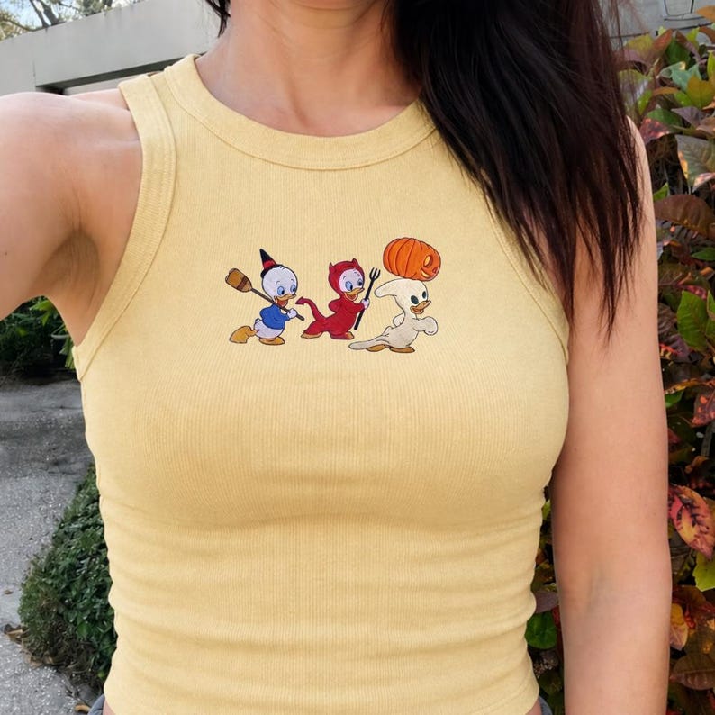 Embroidered Trick Or Treat Tank Top, Disney Halloween Duck Spooky Season Tank, Duck Halloween Shirt, Huey Dewey Louie Halloween