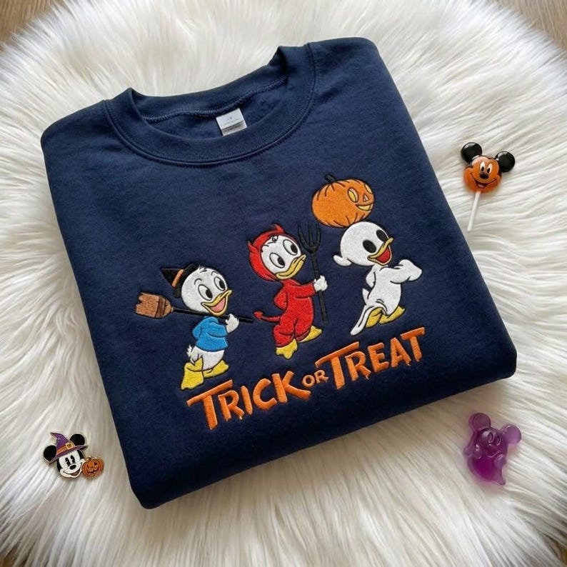 Embroidered Huey Dewey Louie Sweatshirt, Donald Duck Nephews Halloween Comfort Colors T-Shirt, Disney Trick or Treat Spooky Season Tee