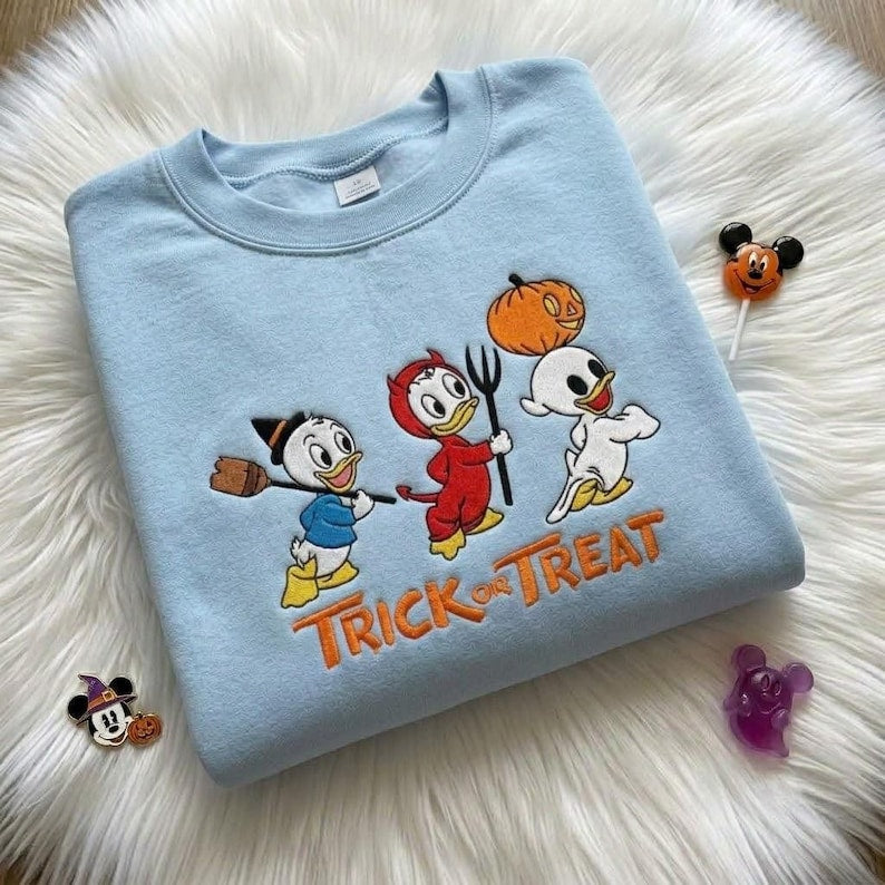 Embroidered Huey Dewey Louie Sweatshirt, Donald Duck Nephews Halloween Comfort Colors T-Shirt, Disney Trick or Treat Spooky Season Tee