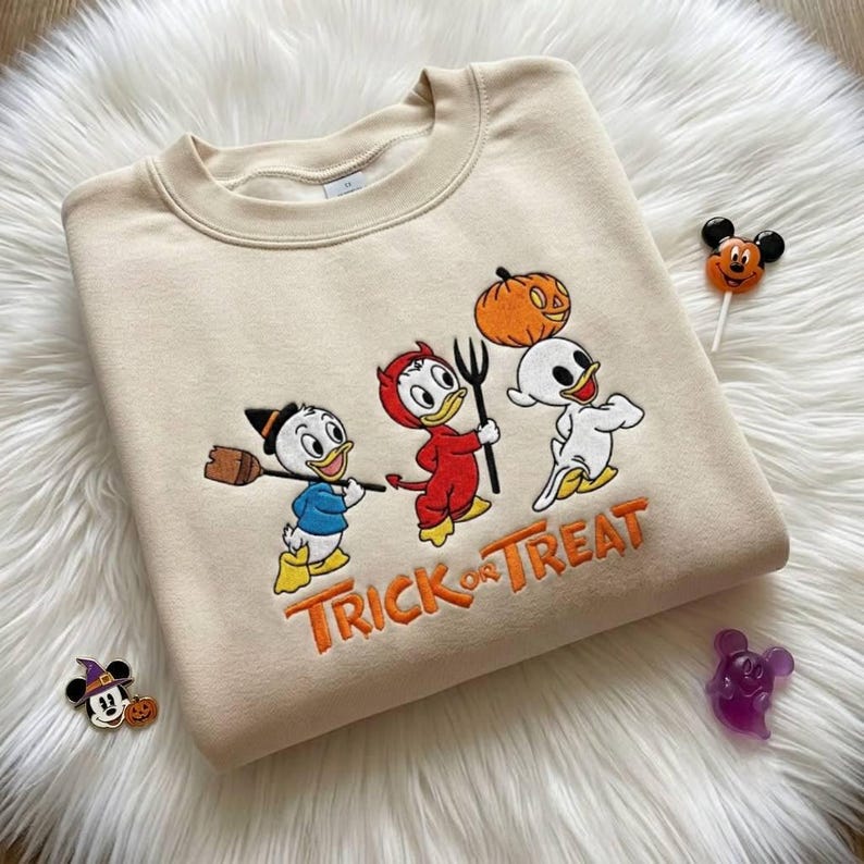 Embroidered Huey Dewey Louie Sweatshirt, Donald Duck Nephews Halloween Comfort Colors T-Shirt, Disney Trick or Treat Spooky Season Tee