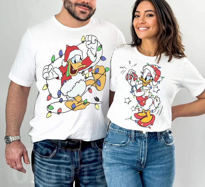 Disney Santa Donald and Daisy Christmas Lights T-shirt, Donald and Daisy Christmas Couple Shirt, Disneyland Christmas Trip Matching Shirt
