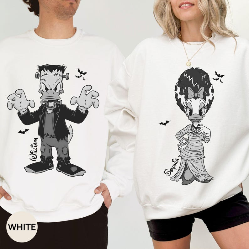 Daisy Duck Bride of Donald Duck Frankenstein Couple Matching Custom Sweatshirt, Halloween Disney Trip Crewneck, Disney Spooky Couple Shirt