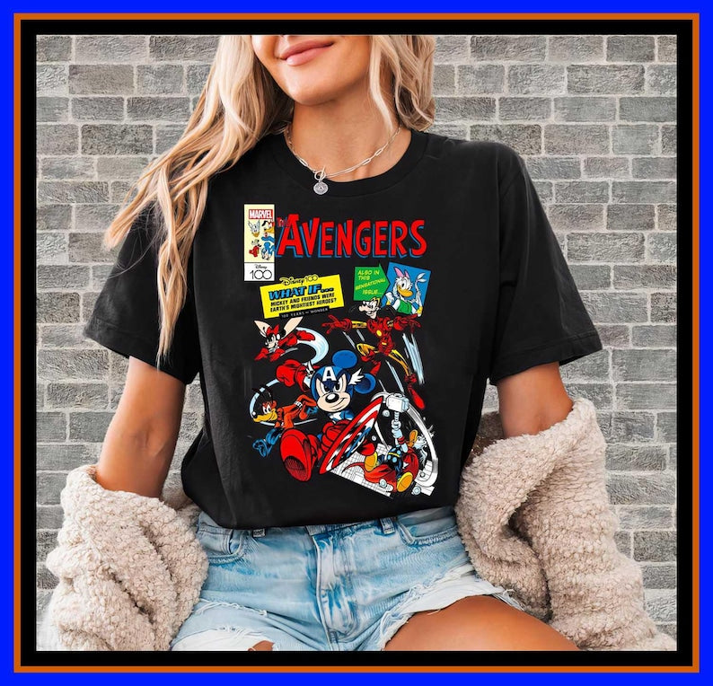 Mickey Mouse Avengers Shirt Disney 100 Marvel Comic Book Tee Retro Superhero Mickey Captain America Goofy Iron Man Donald Thor Pluto OP278