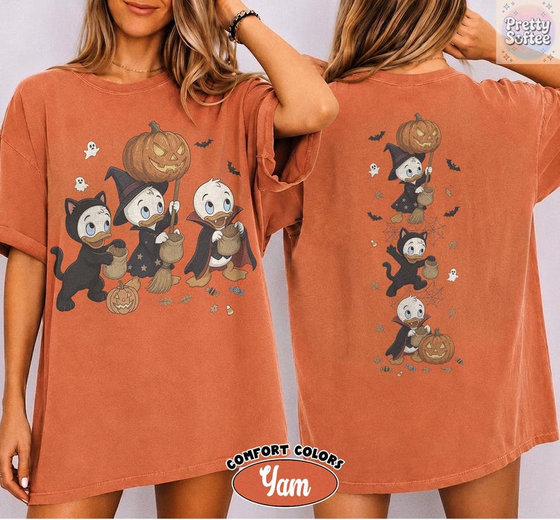 2-Sided Vintage Donald Duck Nephews Spooky Season T-Shirt, Disney Halloween Shirts, Huey Dewey Louie Trick or Treat Tee, Family Vacation Tee
