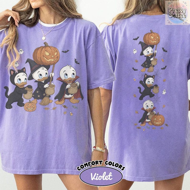2-Sided Vintage Donald Duck Nephews Spooky Season T-Shirt, Disney Halloween Shirts, Huey Dewey Louie Trick or Treat Tee, Family Vacation Tee