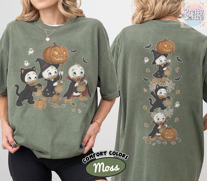 2-Sided Vintage Donald Duck Nephews Spooky Season T-Shirt, Disney Halloween Shirts, Huey Dewey Louie Trick or Treat Tee, Family Vacation Tee
