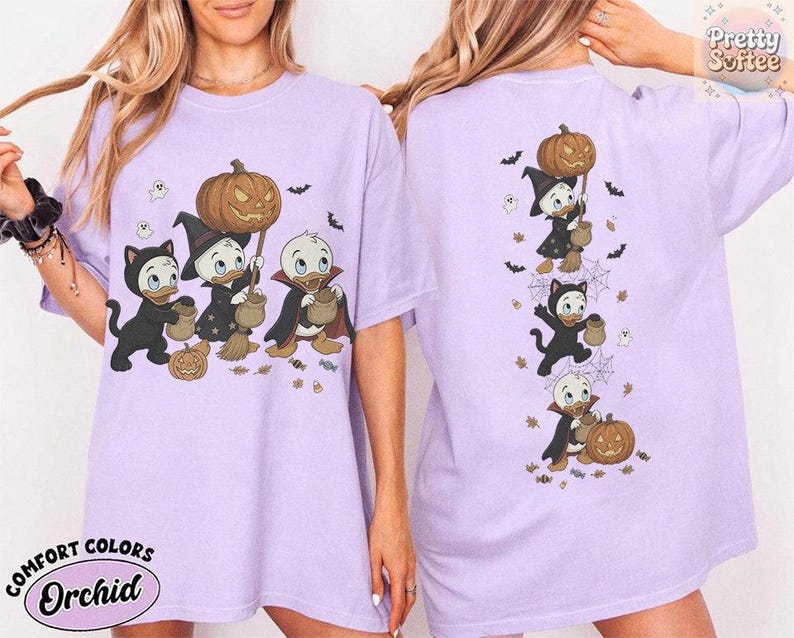 2-Sided Vintage Donald Duck Nephews Spooky Season T-Shirt, Disney Halloween Shirts, Huey Dewey Louie Trick or Treat Tee, Family Vacation Tee