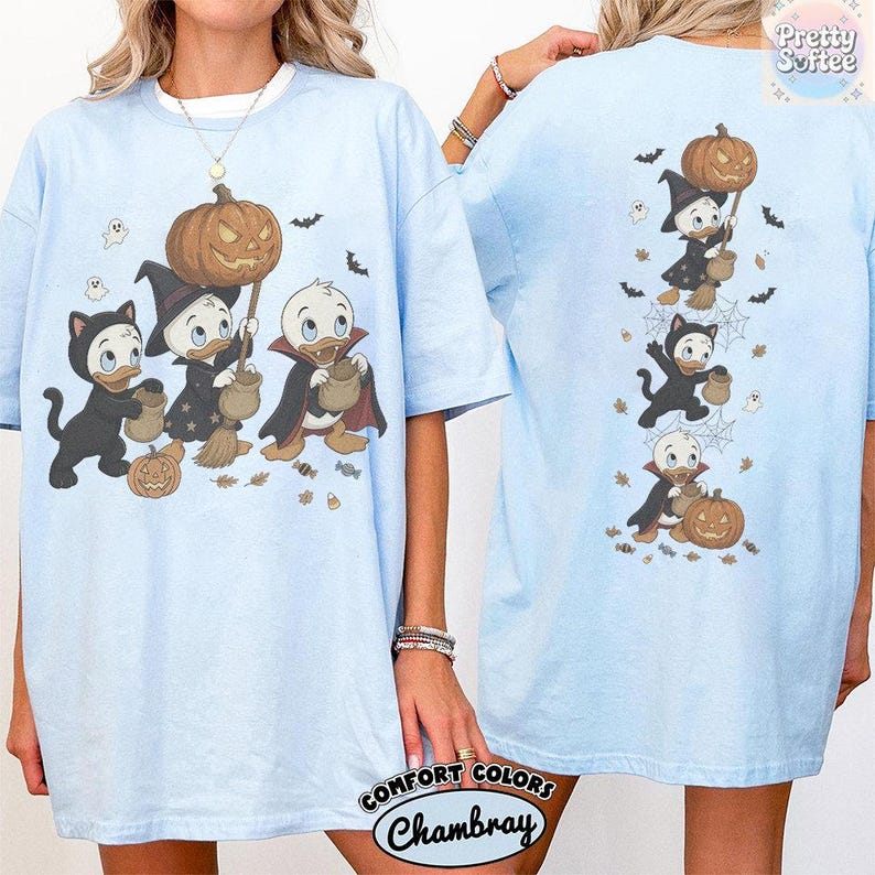 2-Sided Vintage Donald Duck Nephews Spooky Season T-Shirt, Disney Halloween Shirts, Huey Dewey Louie Trick or Treat Tee, Family Vacation Tee