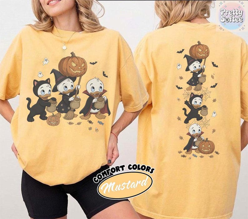 2-Sided Vintage Donald Duck Nephews Spooky Season T-Shirt, Disney Halloween Shirts, Huey Dewey Louie Trick or Treat Tee, Family Vacation Tee