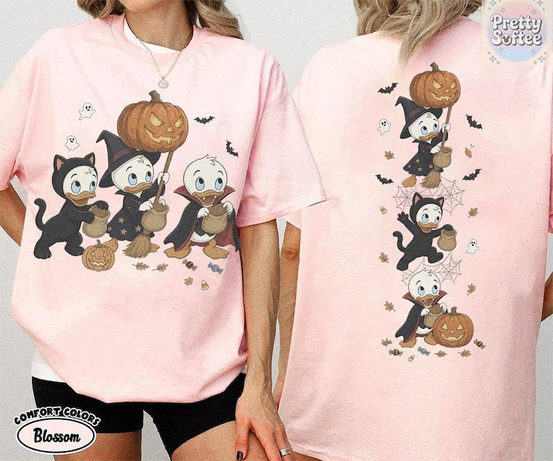 2-Sided Vintage Donald Duck Nephews Spooky Season T-Shirt, Disney Halloween Shirts, Huey Dewey Louie Trick or Treat Tee, Family Vacation Tee