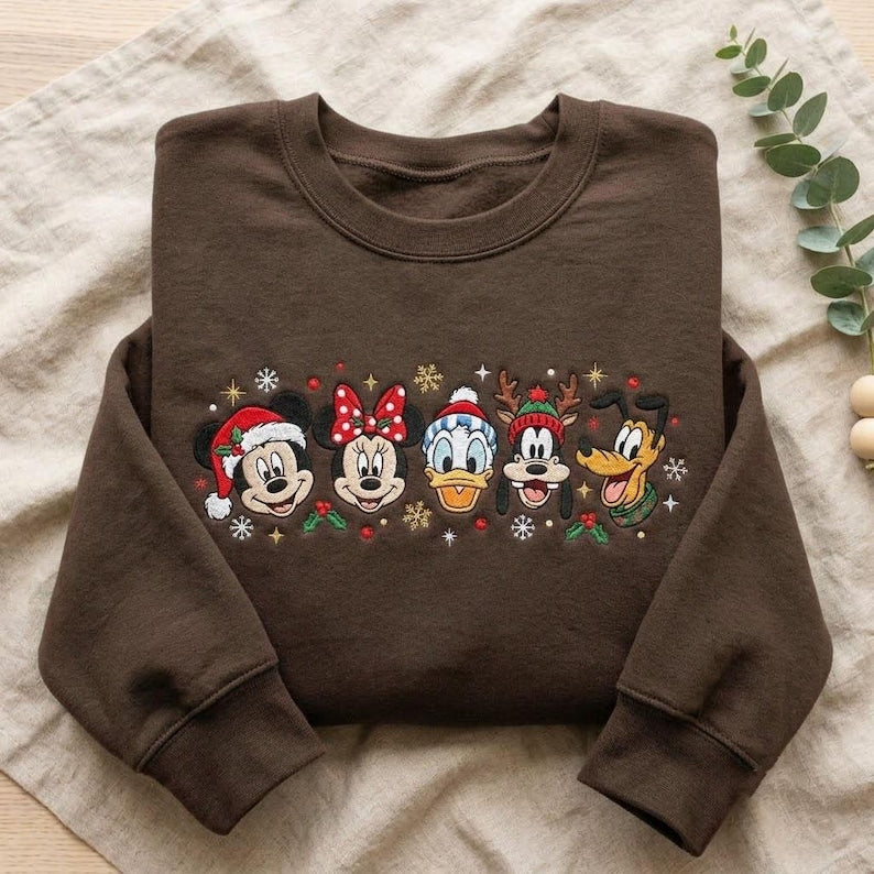 Disney Holiday Embroidered Sweatshirt, Mickey Minnie Donald Goofy Pluto Christmas Crewneck, Magical Family Vacation Christmas Shirt
