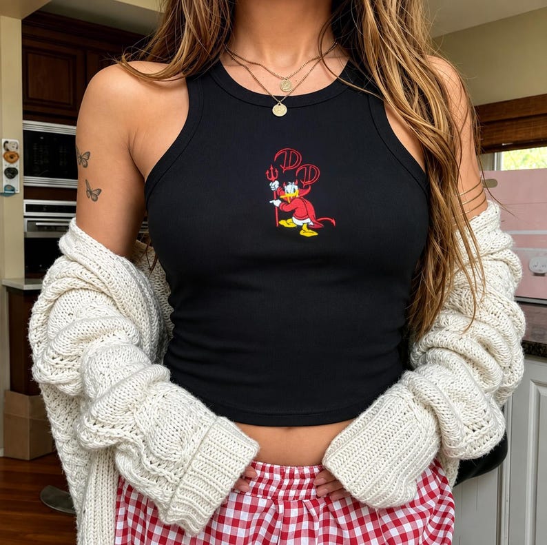 Donald Duck Devil Embroidered Spaghetti Strap Tank Top, Disney Donald Duck Racer Tank, Devil Donald Halloween Baby Tee, Disney Spooky Tee