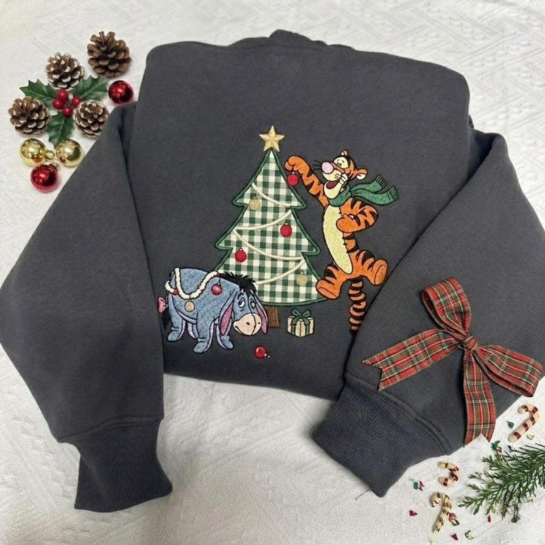 Tigger & Eeyore Christmas Embroidered Sweatshirt T-shirt Hoodie, Christmas Tree Applique, Winnie the Pooh Holiday Sweater, Christmas Gift