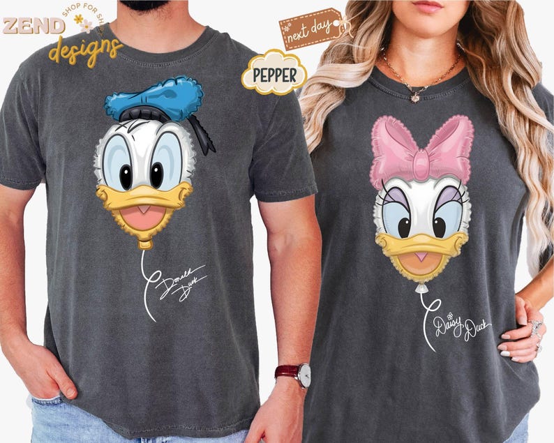 Comfort Colors® Retro Disney Donald and Daisy Balloon Couple Matching Tee Shirt, Vintage Disney Donald Daisy, Disneyland Trip Tee Shirt