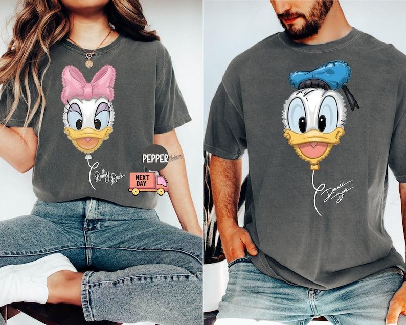 Comfort Colors® Retro Disney Donald and Daisy Balloon Couple Matching Tee Shirt, Vintage Disney Donald Daisy, Disneyland Trip Tee Shirt