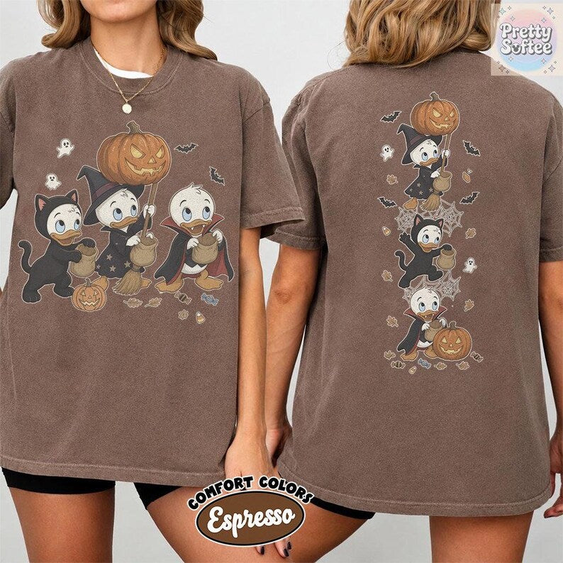 2-Sided Vintage Donald Duck Nephews Spooky Season T-Shirt, Disney Halloween Shirts, Huey Dewey Louie Trick or Treat Tee, Family Vacation Tee