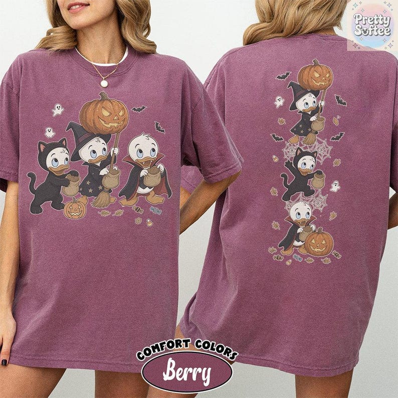 2-Sided Vintage Donald Duck Nephews Spooky Season T-Shirt, Disney Halloween Shirts, Huey Dewey Louie Trick or Treat Tee, Family Vacation Tee