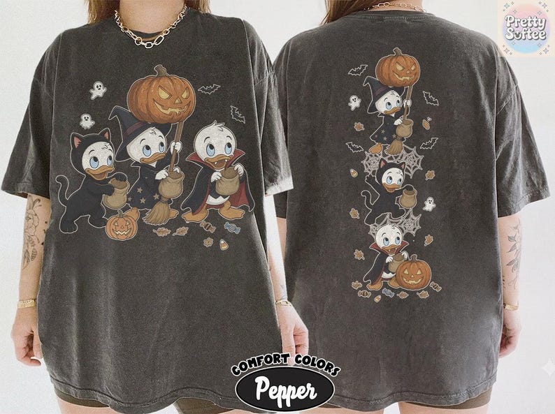2-Sided Vintage Donald Duck Nephews Spooky Season T-Shirt, Disney Halloween Shirts, Huey Dewey Louie Trick or Treat Tee, Family Vacation Tee