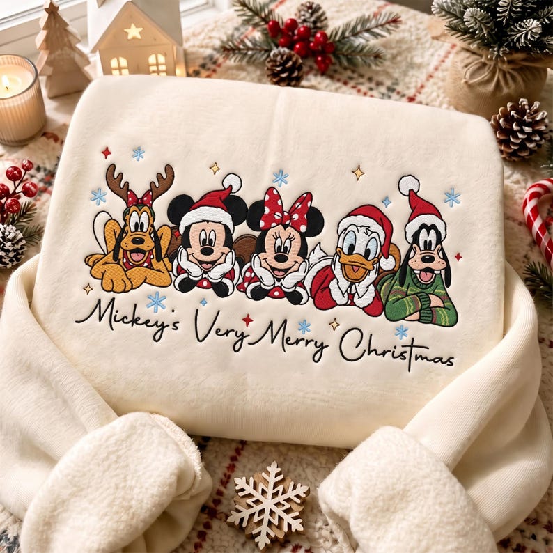 Embroidered Mouse and Friends Christmas Sweatshirt, Matching Family Xmas Trip Shirts, Holiday Crewneck, Cozy Winter Quarter zip Sweater