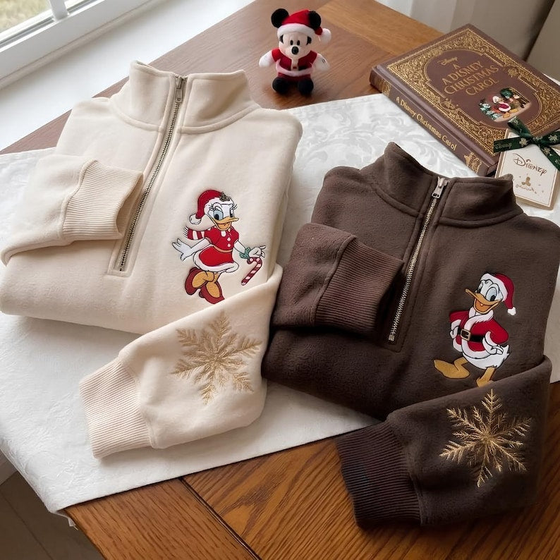 Embroidered Mickey Minnie Donald Daisy Duck Christmas Quarter Zip Sweatshirt Hoodie, Disneyland Couple Crewneck, Disney Christmas Gift
