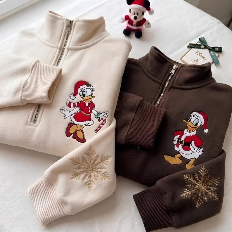 Embroidered Mickey Minnie Donald Daisy Duck Christmas Quarter Zip Sweatshirt Hoodie, Disneyland Couple Crewneck, Disney Christmas Gift