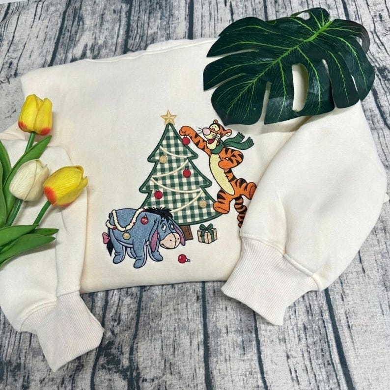 Tigger & Eeyore Christmas Embroidered Sweatshirt T-shirt Hoodie, Christmas Tree Applique, Winnie the Pooh Holiday Sweater, Christmas Gift