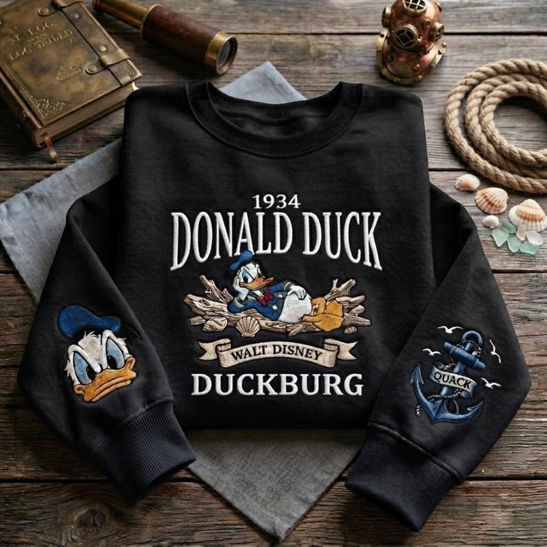 Donald Duck Embroidered Sweatshirt, Vintage Disney Duck Crewneck, Nautical Cartoon Embroidery Shirt, Duckburg Sweatshirt, Disneyland Gift