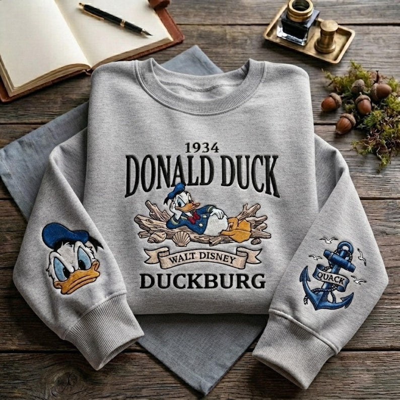 Donald Duck Embroidered Sweatshirt, Vintage Disney Duck Crewneck, Nautical Cartoon Embroidery Shirt, Duckburg Sweatshirt, Disneyland Gift