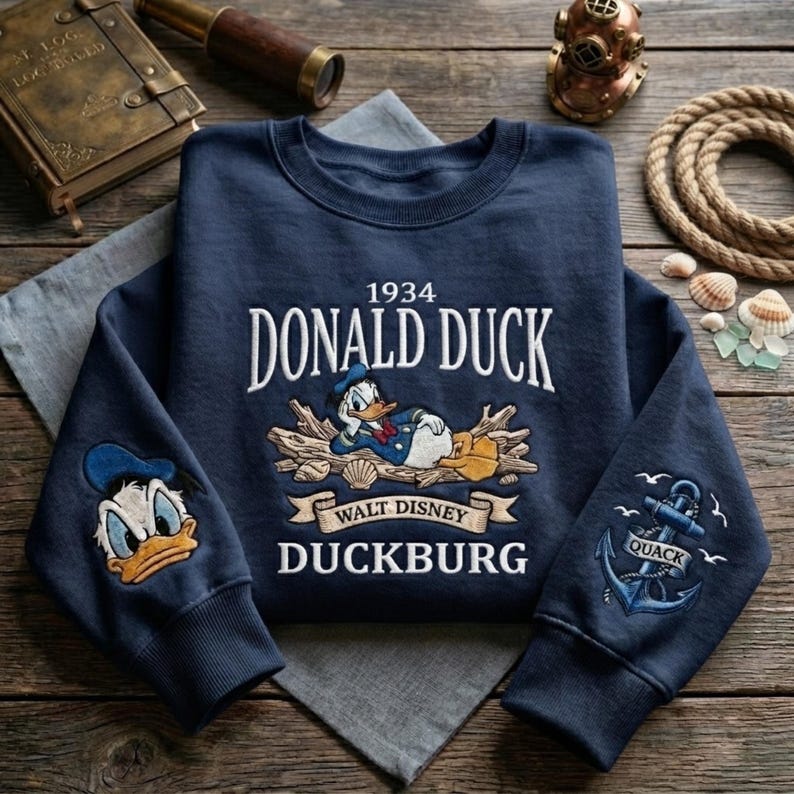 Donald Duck Embroidered Sweatshirt, Vintage Disney Duck Crewneck, Nautical Cartoon Embroidery Shirt, Duckburg Sweatshirt, Disneyland Gift
