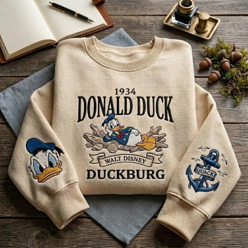 Donald Duck Embroidered Sweatshirt, Vintage Disney Duck Crewneck, Nautical Cartoon Embroidery Shirt, Duckburg Sweatshirt, Disneyland Gift