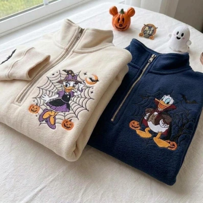 EMBROIDERED Daisy Donald Halloween Quarter Zip Sweatshirt, Disney Pumpkin Pullover, Matching Couple Fall Sweater, Halloween Matching