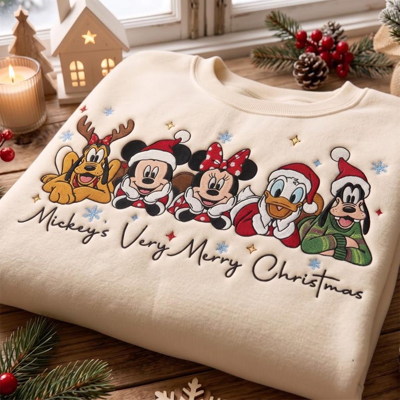 Mouse and Friends Christmas Embroidered Sweatshirt, Matching Family Xmas Trip Shirts, Holiday Crewneck, Cozy Winter Quarter zip Sweater