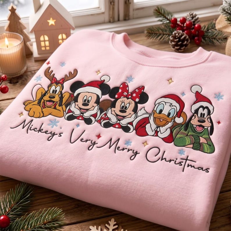 Mouse and Friends Christmas Embroidered Sweatshirt, Matching Family Xmas Trip Shirts, Holiday Crewneck, Cozy Winter Quarter zip Sweater
