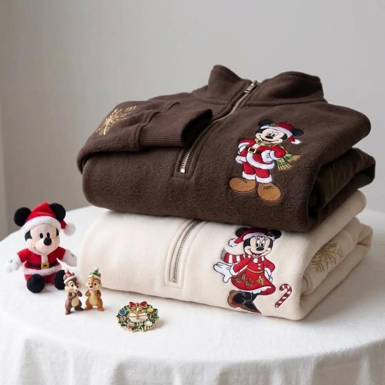 Embroidered Mickey Minnie Donald Daisy Duck Christmas Quarter Zip Sweatshirt Hoodie, Disneyland Couple Crewneck, Disney Christmas Gift