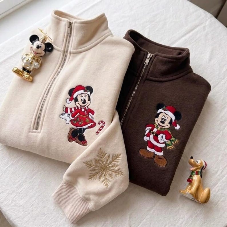 Embroidered Mickey Minnie Donald Daisy Duck Christmas Quarter Zip Sweatshirt Hoodie, Disneyland Couple Crewneck, Disney Christmas Gift