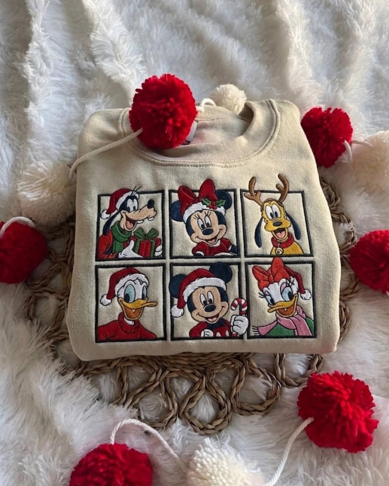 Mickey & Friends Christmas Embroidered Sweatshirt, Mickey Minnie Donald Daisy Pluto Holiday Crewneck, Disney Christmas T-shirt, Xmas Gift