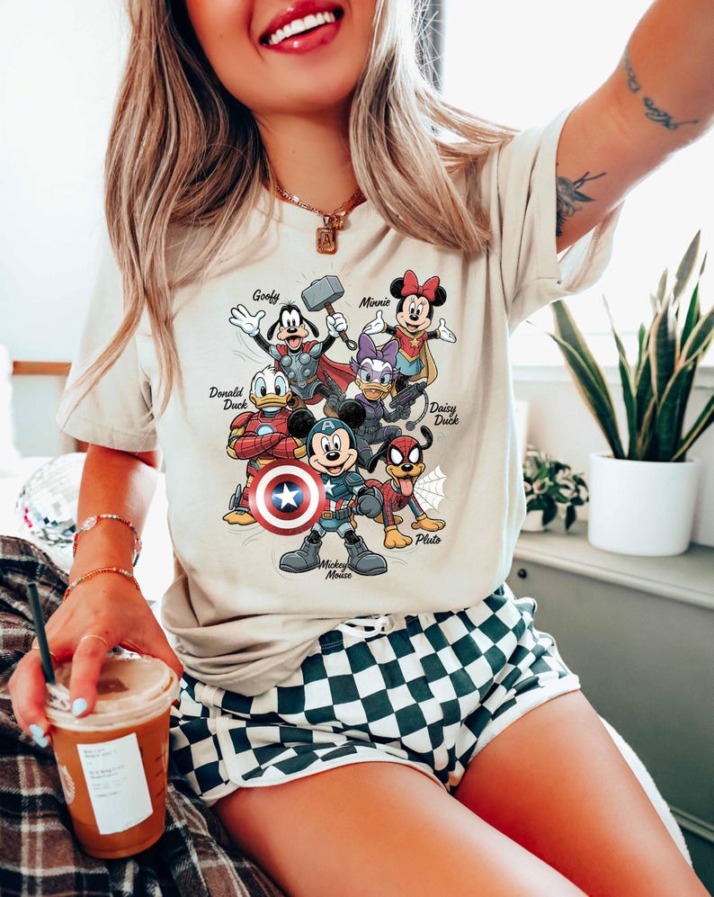 Disney Marvel Superhero Character Shirt, Mickey Mouse Avengers T-Shirt, Minnie Mouse Donald Duck Goofy Daisy Pluto Comic Tee